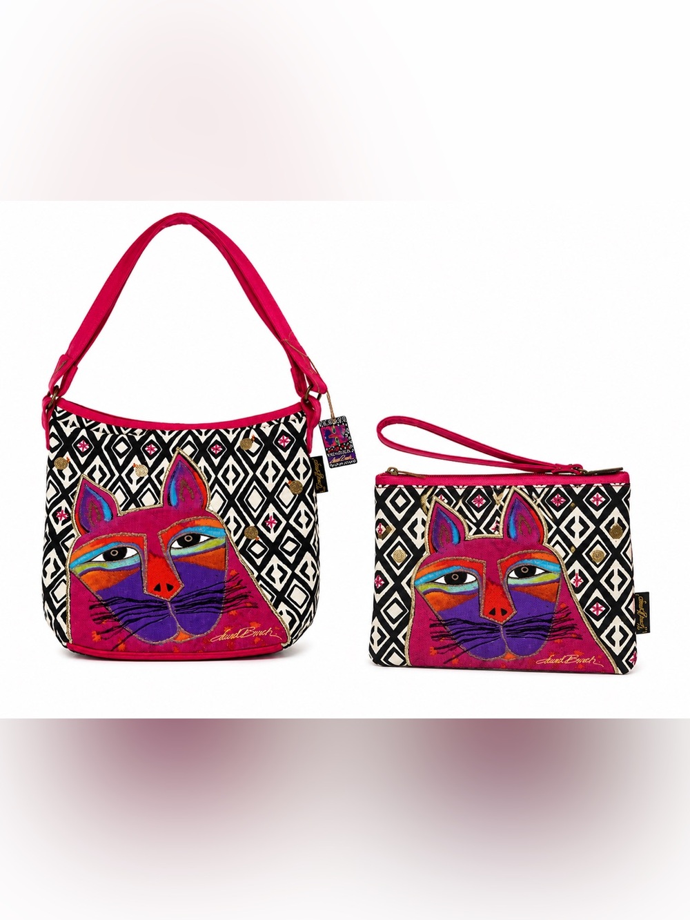 Laurel Burch Pink Crossbody Cat and Matching Wristlet Boho Cotttagecore